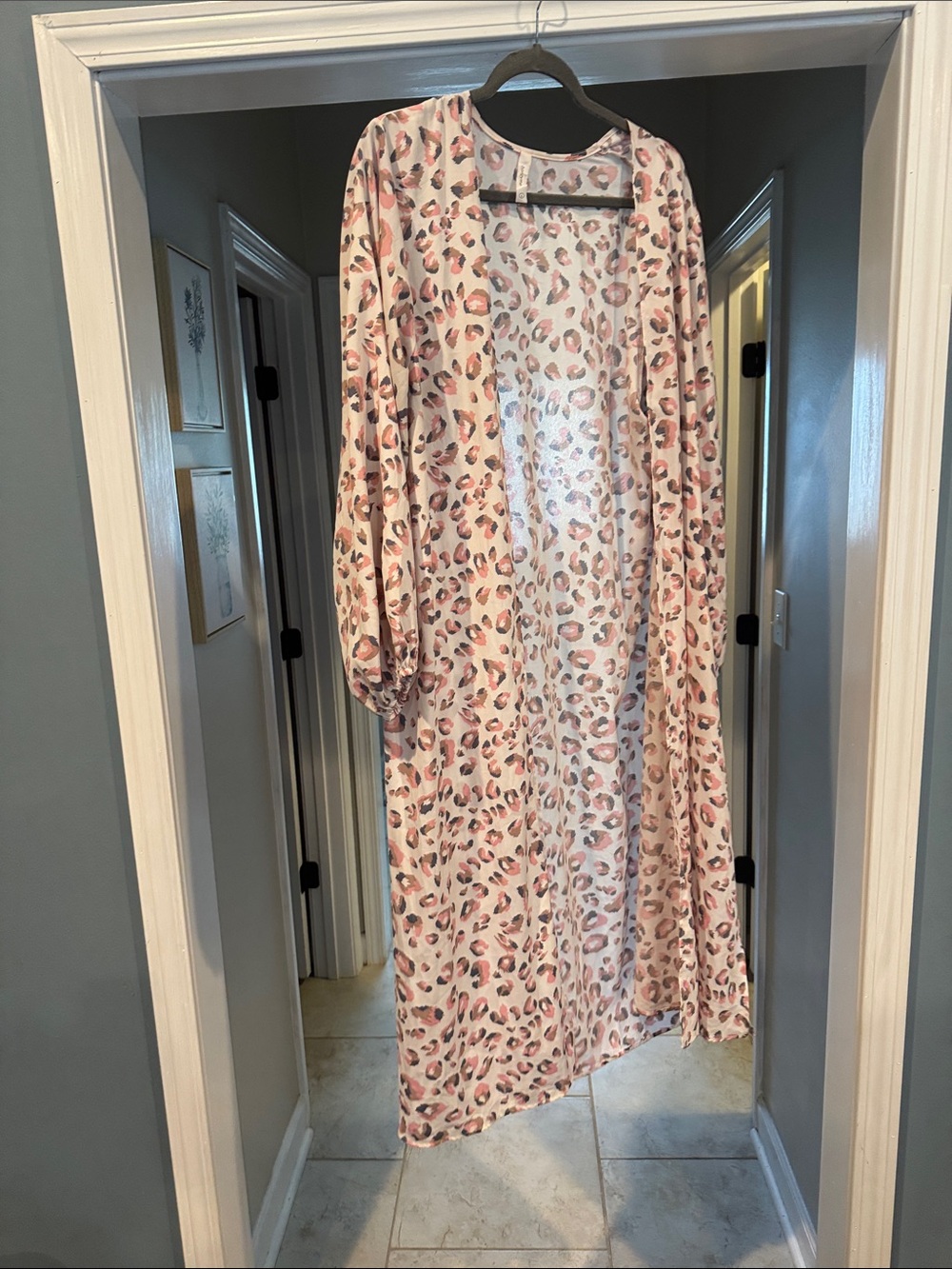 Pink Leopard Print Open Front Women's Duster